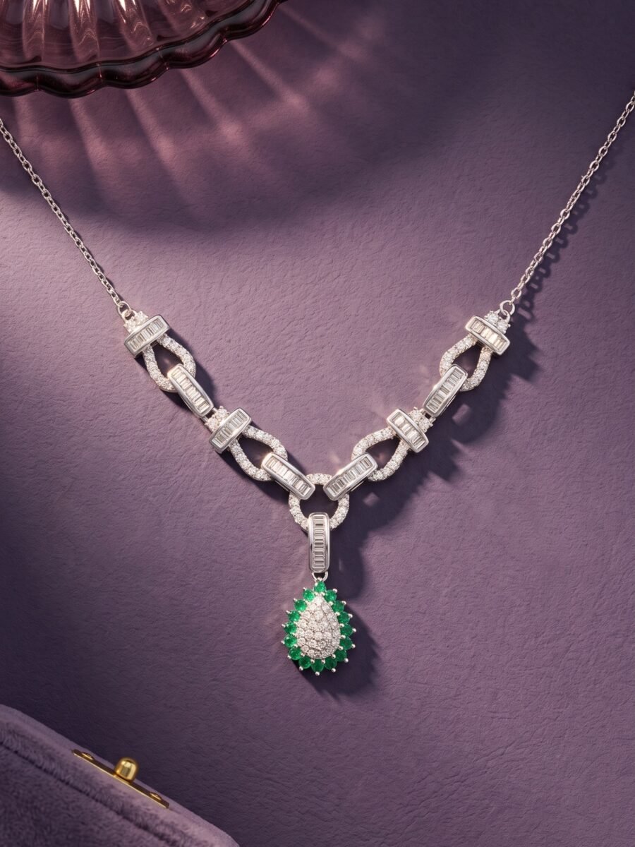 925 Silver Emerald Teardrop Necklace Set