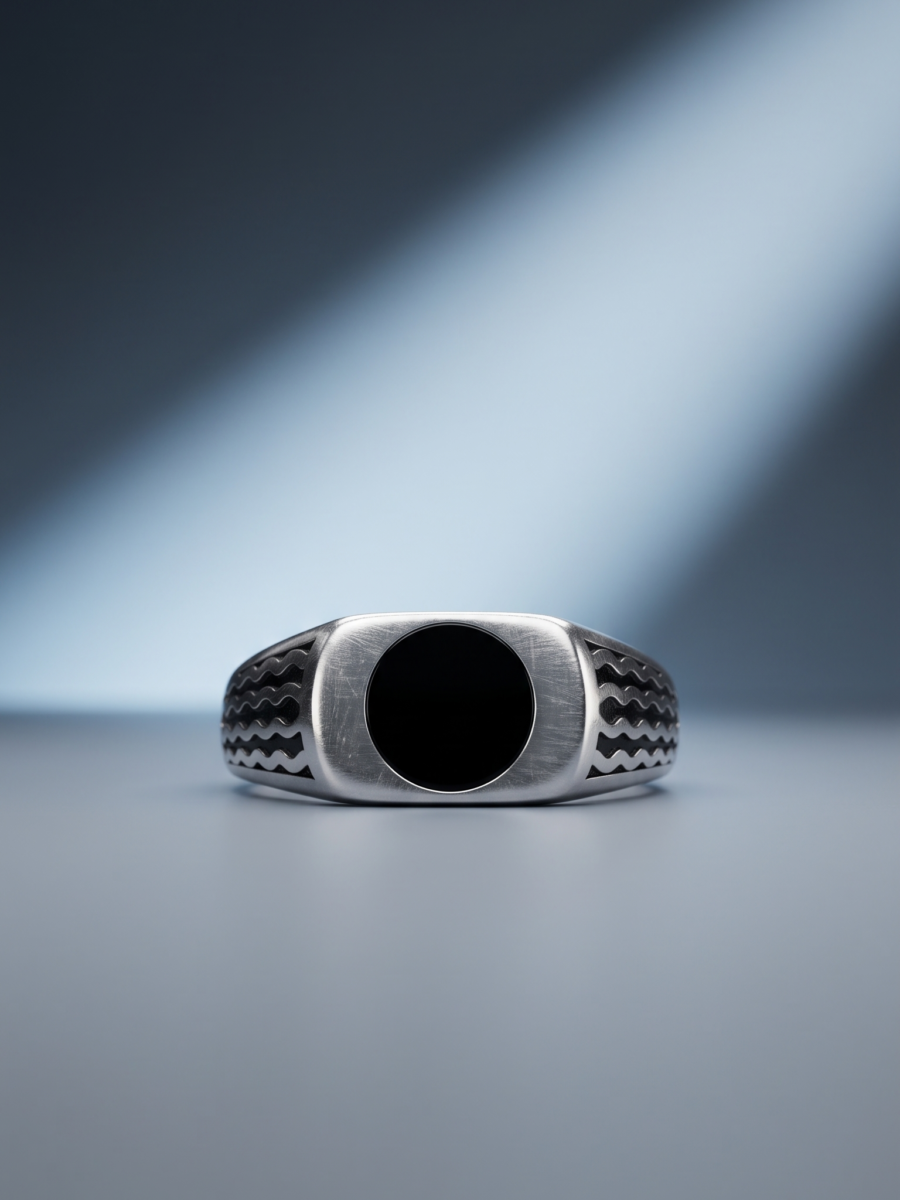 925 Silver Black Onyx Oval Wave Ring