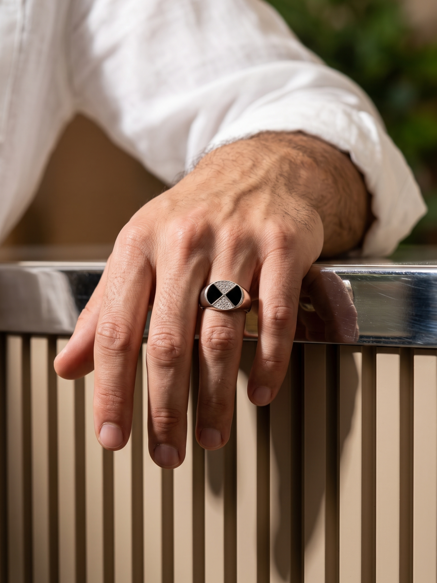 925 Silver Double Onyx Oval Signet Ring