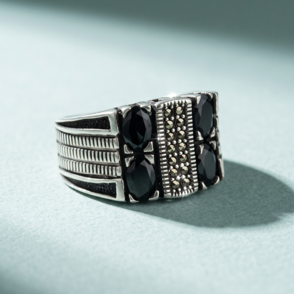 925 Silver Onyx Cluster Marcasite Band Ring