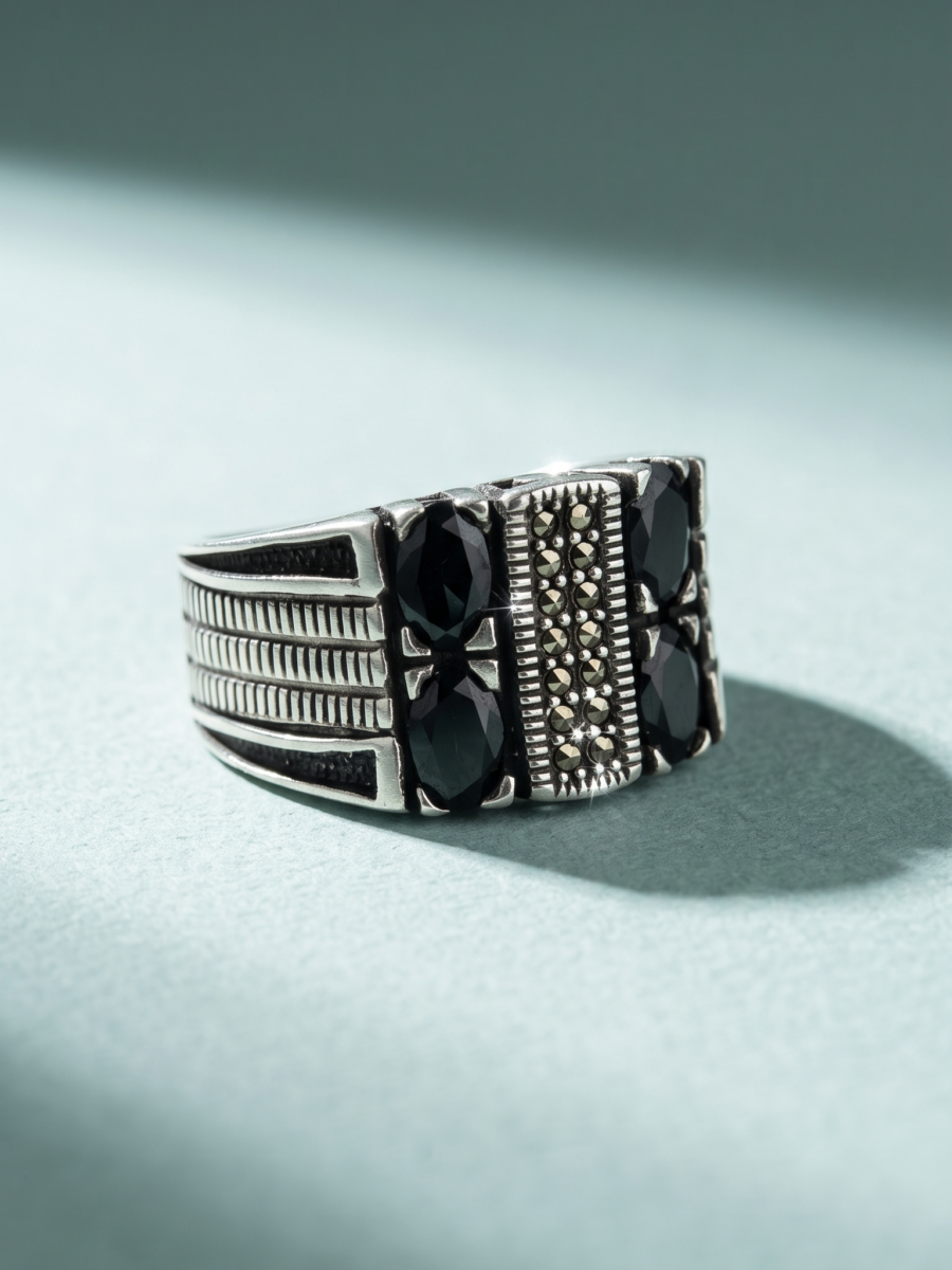 925 Silver Onyx Cluster Marcasite Band Ring