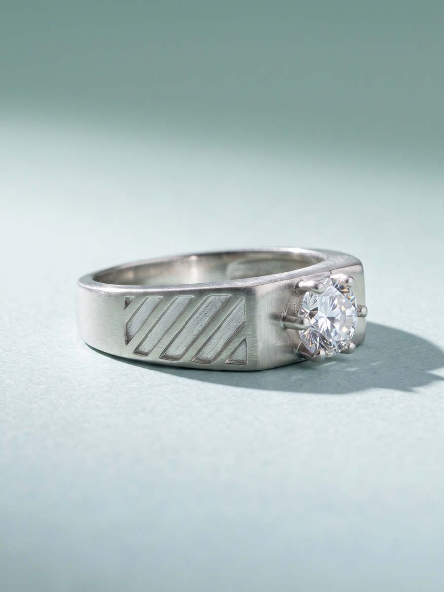 925 Silver CZ Solitaire Textured Band Ring