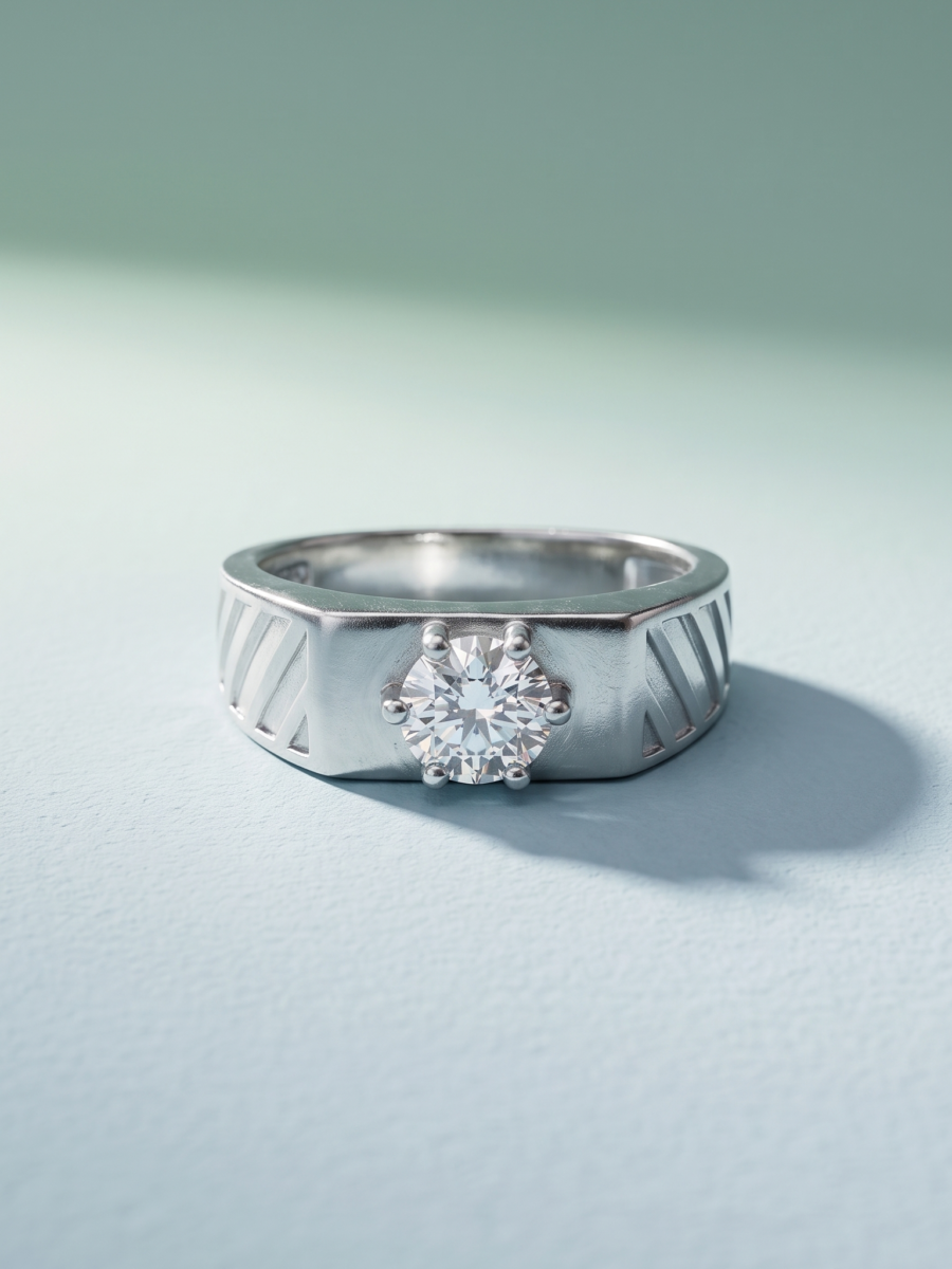 925 Silver CZ Solitaire Textured Band Ring