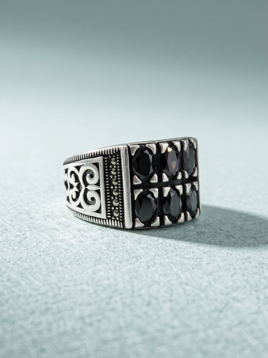 925 Silver Black CZ Filigree Signet Ring