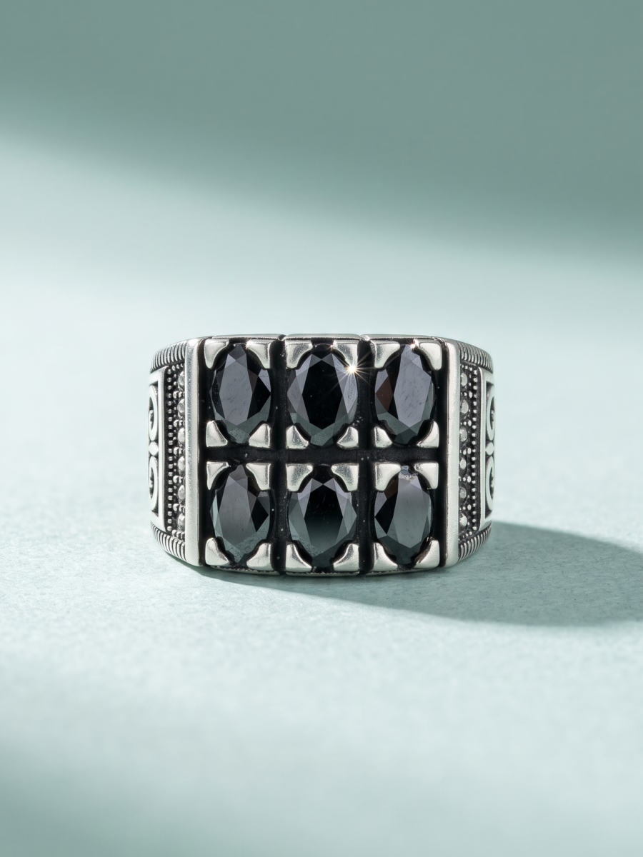 925 Silver Black CZ Filigree Signet Ring