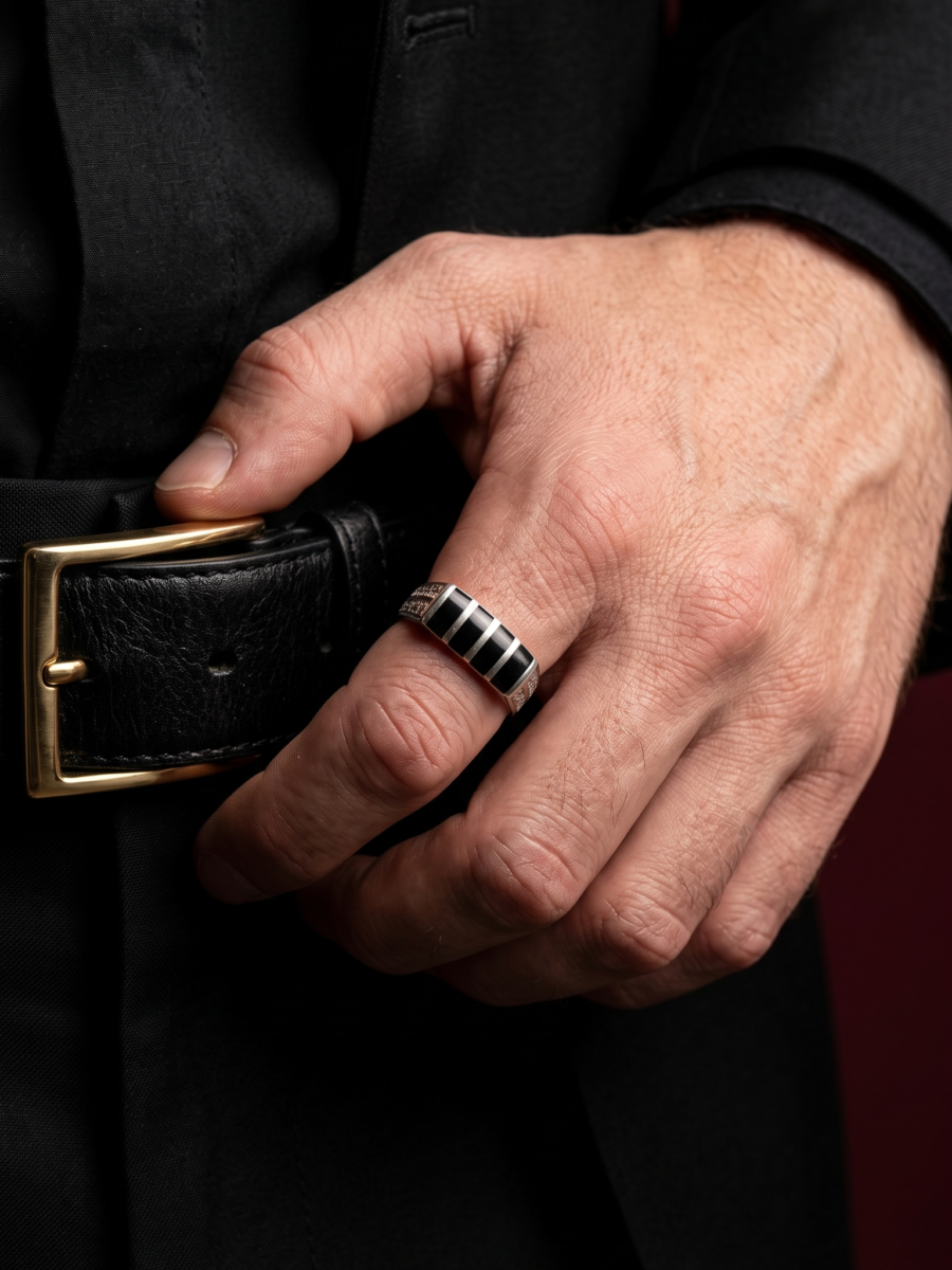 925 Silver Black Onyx Ridged Band Ring