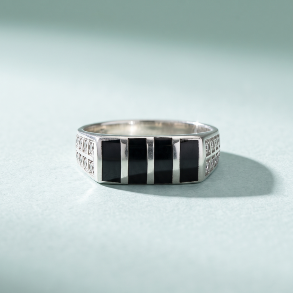 925 Silver Black Onyx Ridged Band Ring
