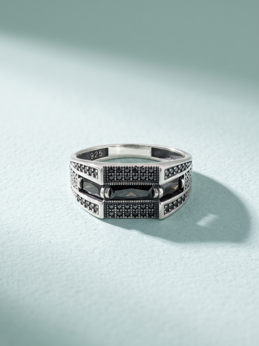 925 Silver Oxidised Onyx Marcasite Band Ring