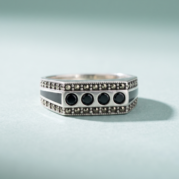 925 Silver Black Stone Marcasite Band Ring