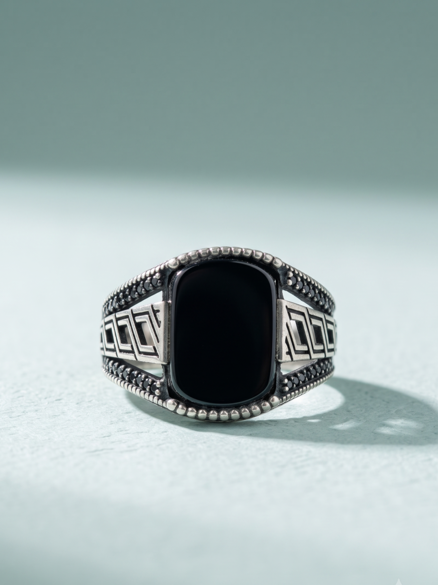 925 Silver Onyx Greek Key Signet Ring