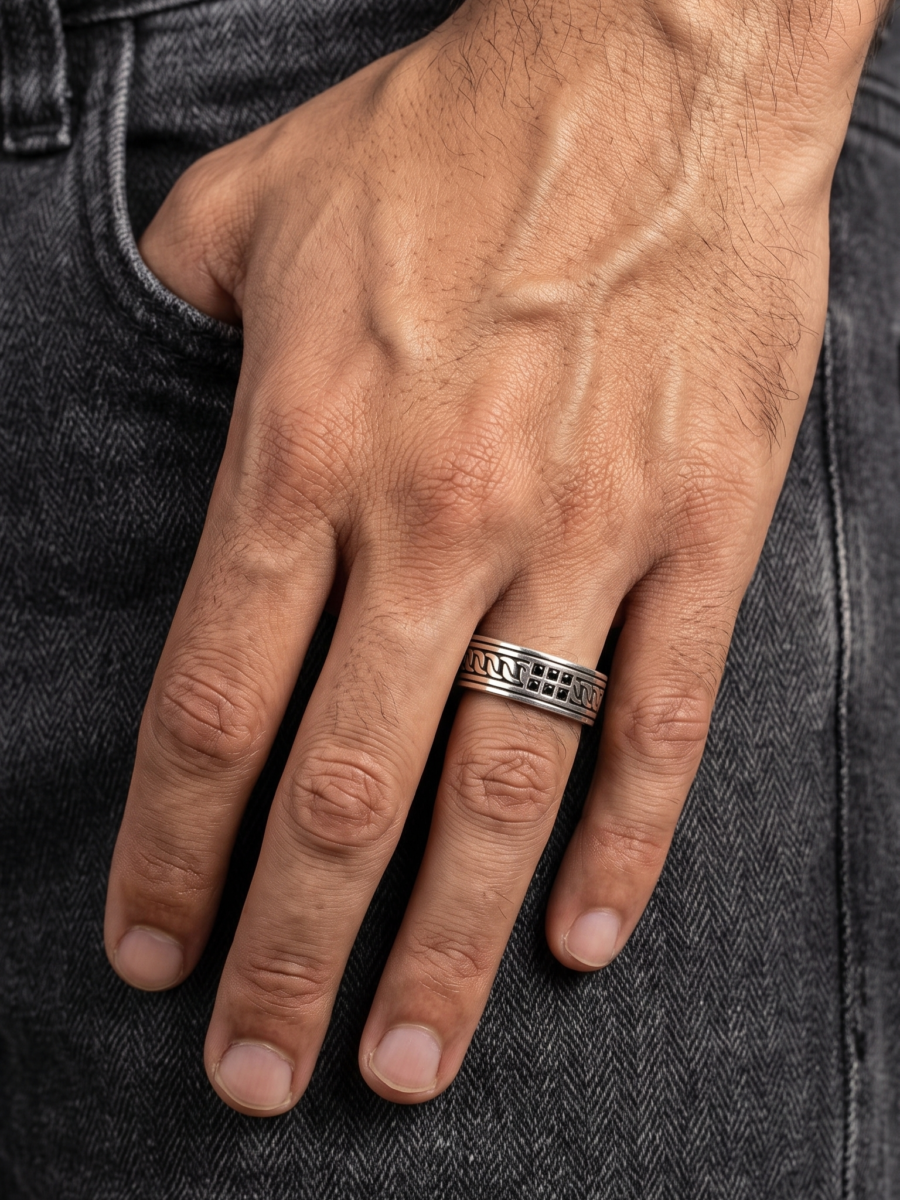 925 Silver Black CZ Beaded Wide Band Ring