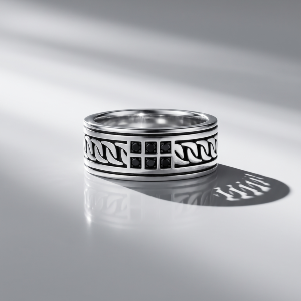 925 Silver Black CZ Beaded Wide Band Ring