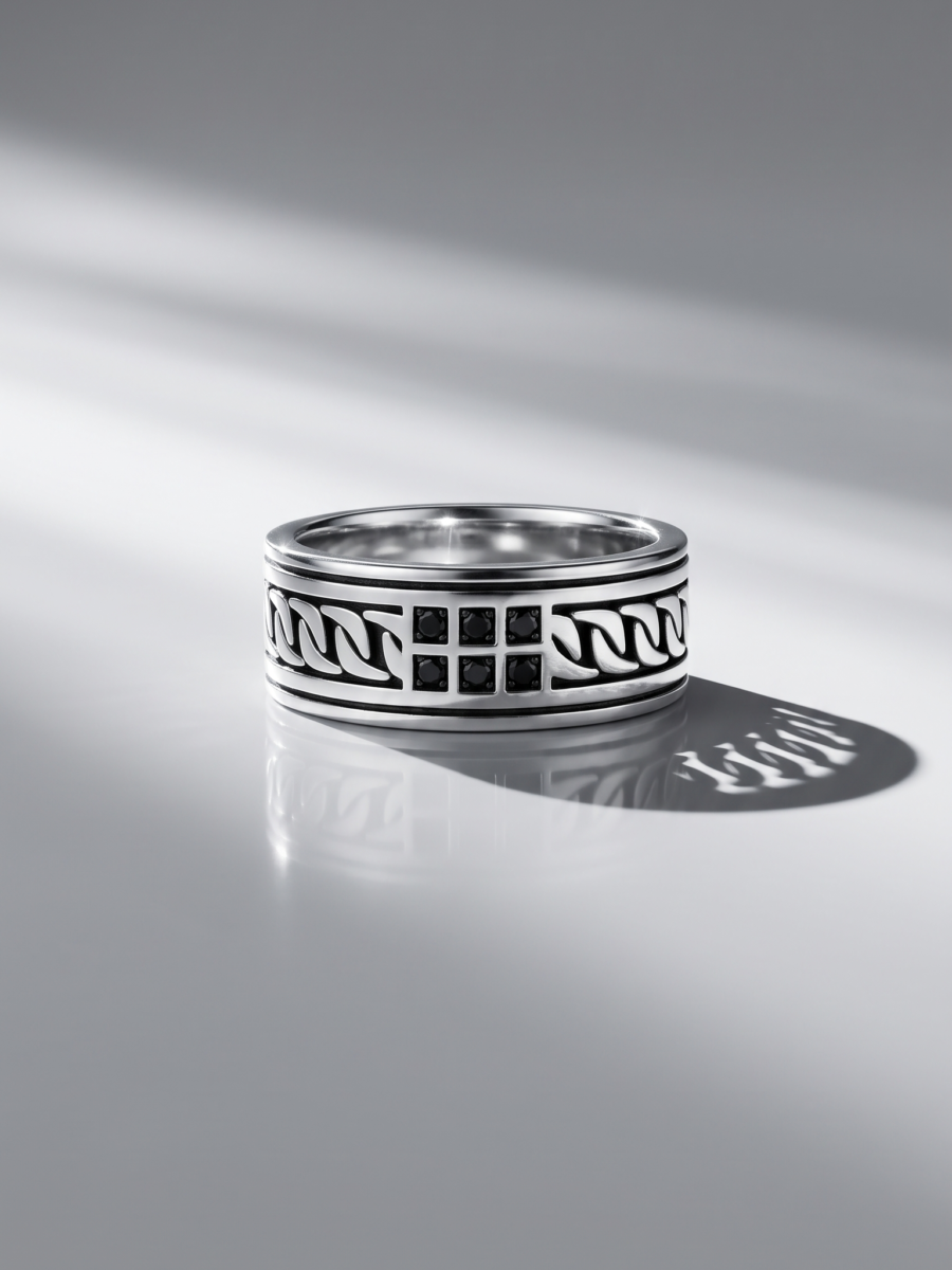 925 Silver Black CZ Beaded Wide Band Ring