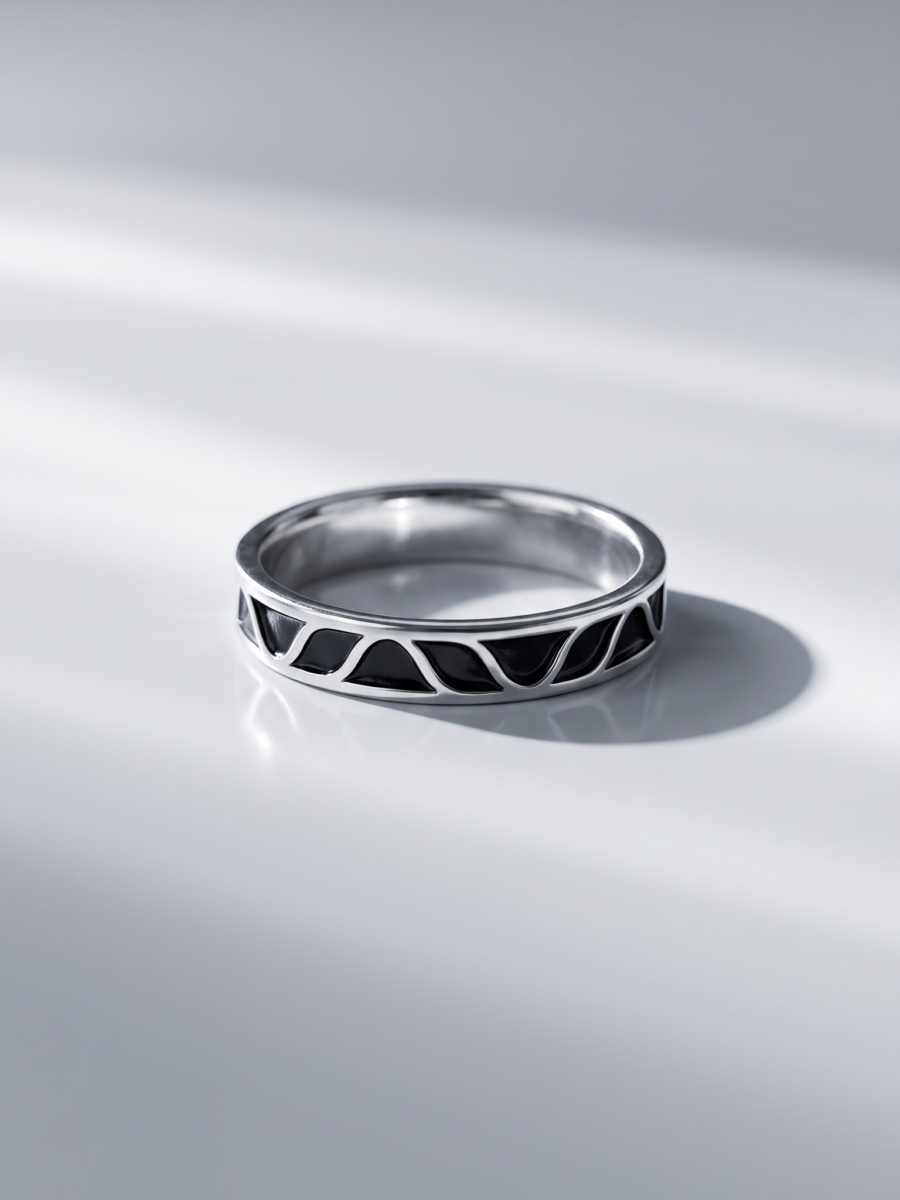 925 Silver Black Zigzag Chevron Slim Ring