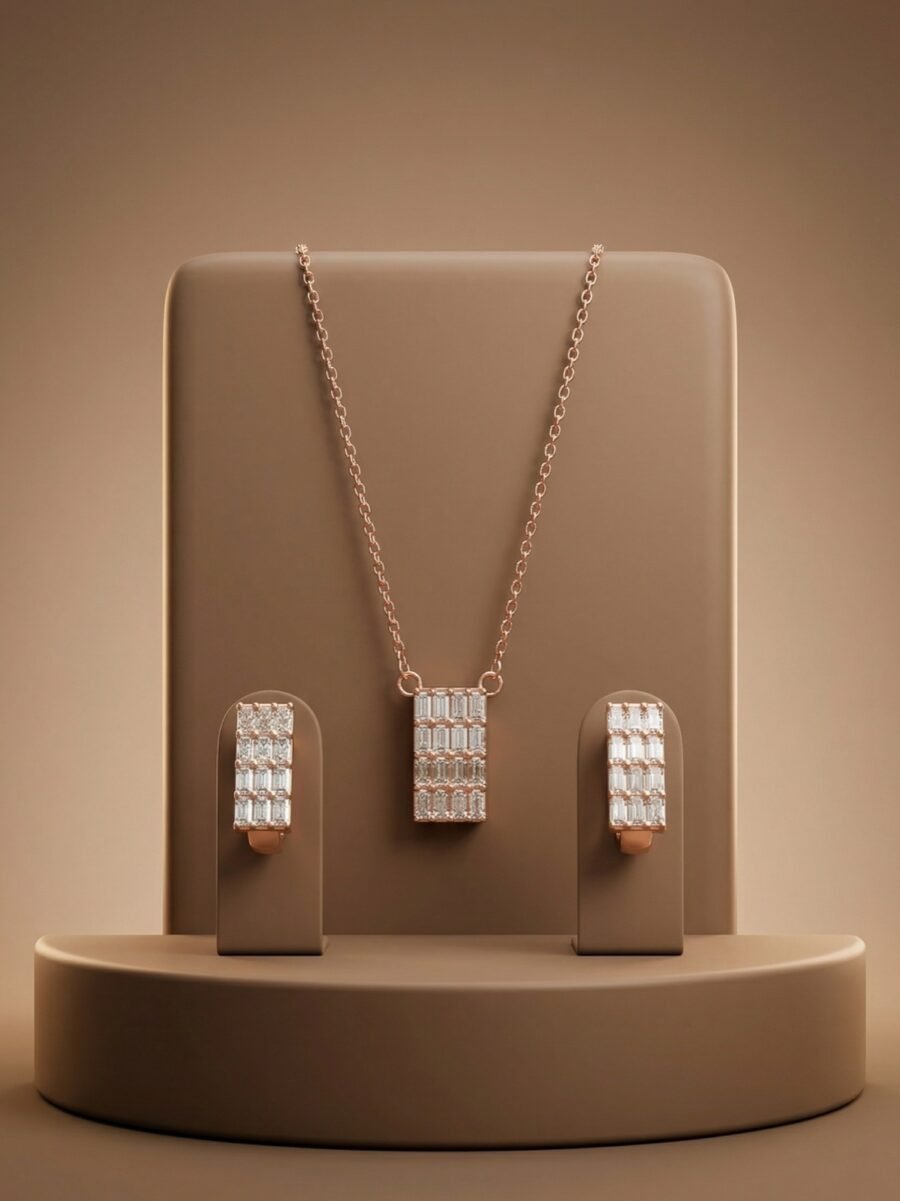 925 Silver Baguette Bar CZ Pendant Set