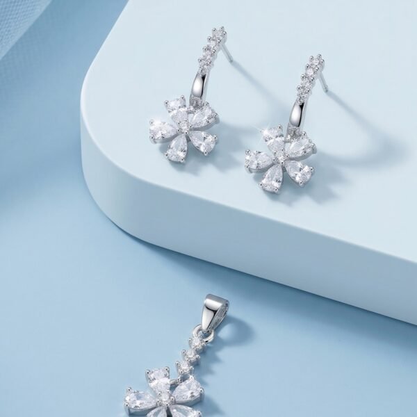 925 Silver Floral Pear CZ Pendant Set