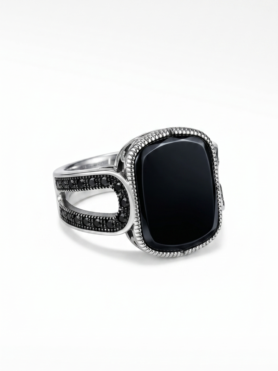 925 Silver Black Stone Chain Signet Ring