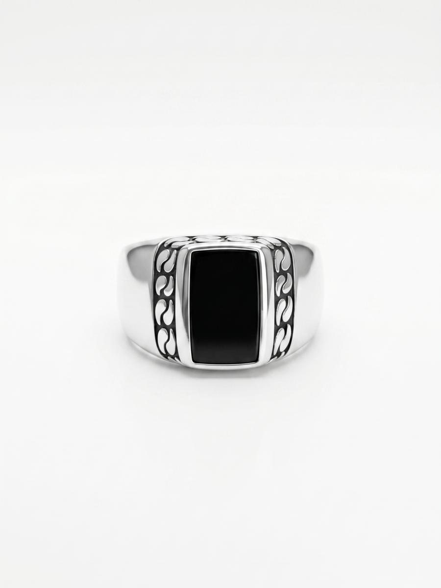 925 Silver Black Onyx Scroll Signet Ring