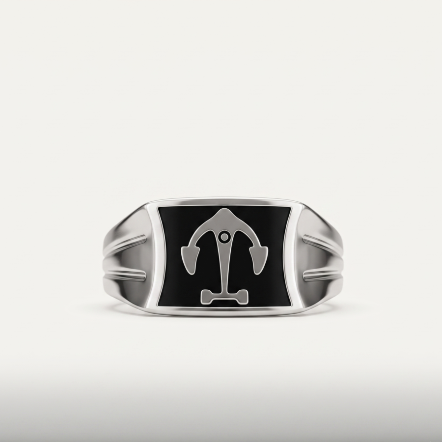925 Silver Onyx Anchor Motif Signet Ring