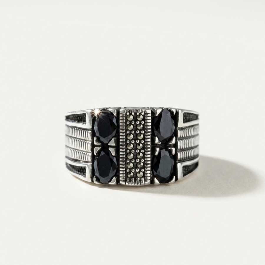 925 Silver Onyx Cluster Marcasite Band Ring