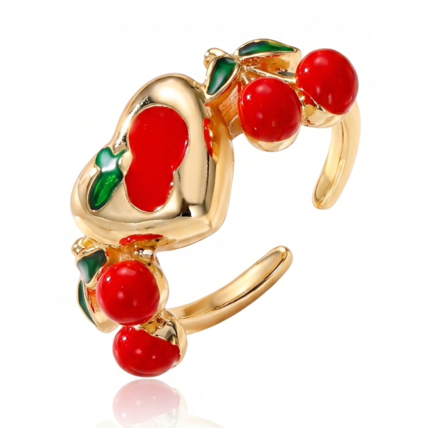Silver Cherry Enamel Heart Ring
