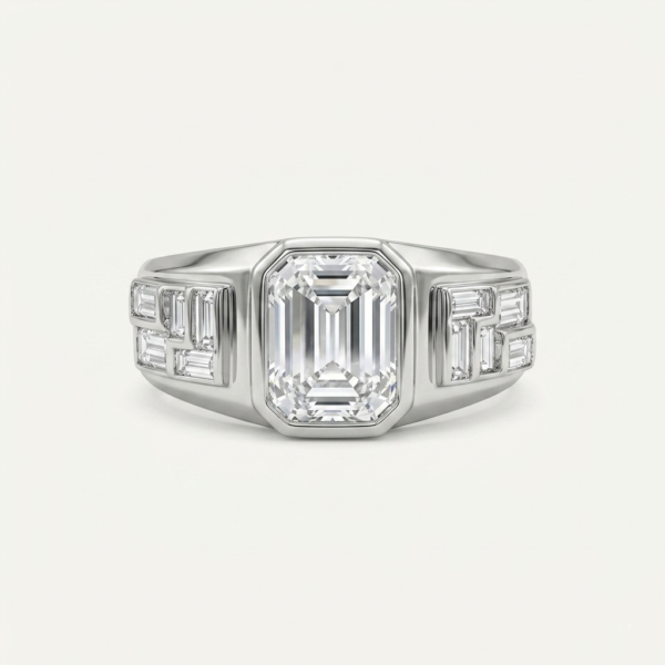 925 Silver Men's Emerald Baguette Statement Ring