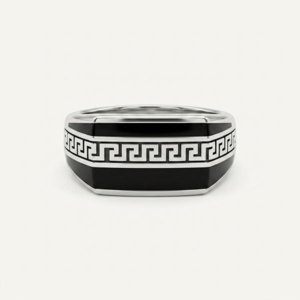 925 Silver Men's Greek Key Enamel Ring