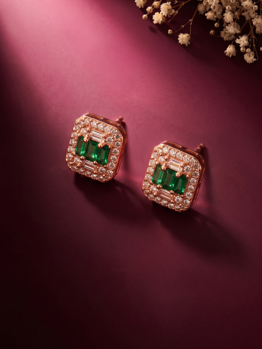925 Silver Rose Gold Emerald Halo Pendant Set
