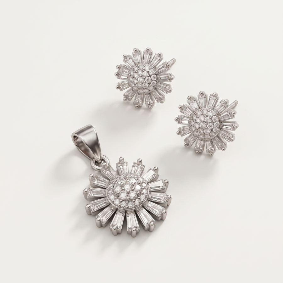 925 Silver Sunburst Baguette CZ Pendant Set