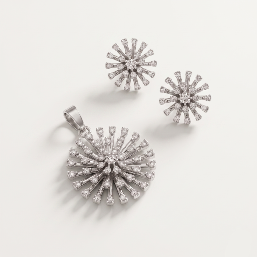 925 Silver Dandelion Burst CZ Pendant Set