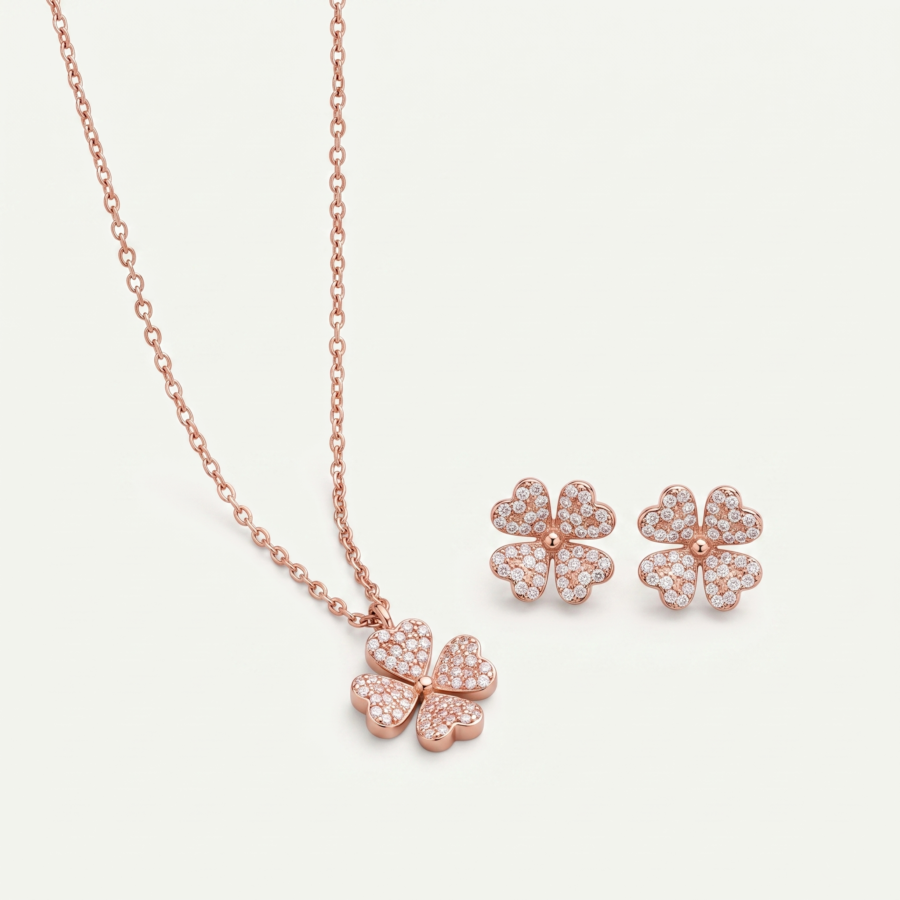 925 Silver Clover CZ Pendant Set