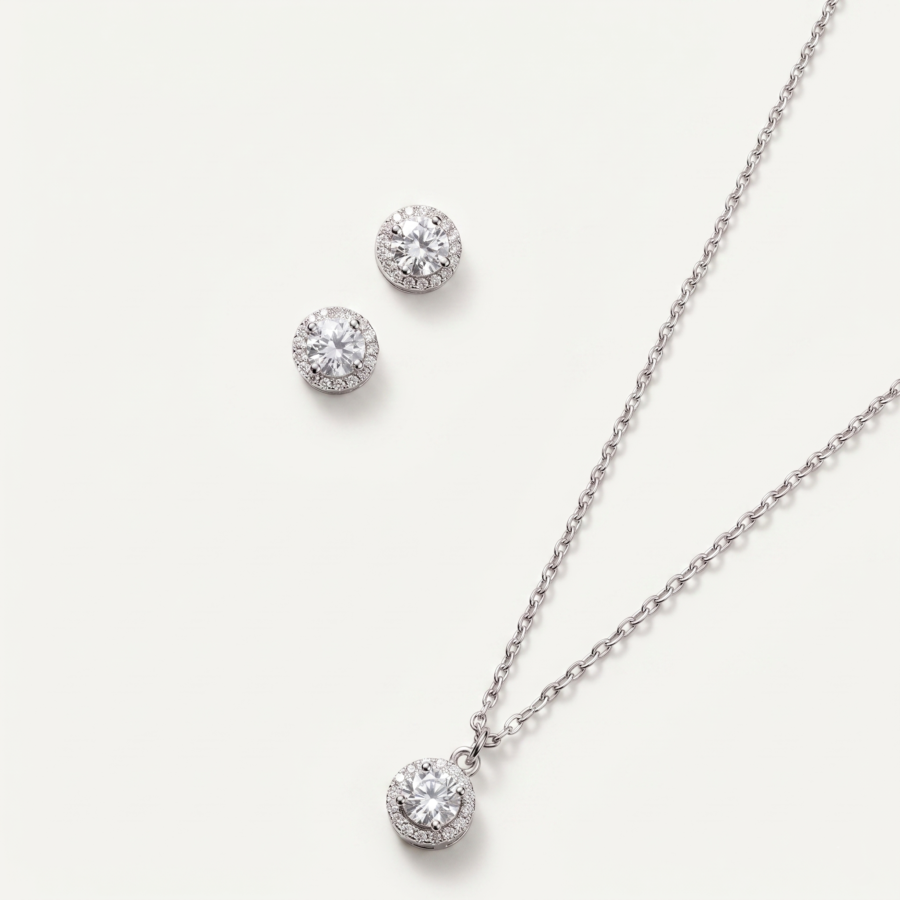 925 Silver Round Halo CZ Pendant Set