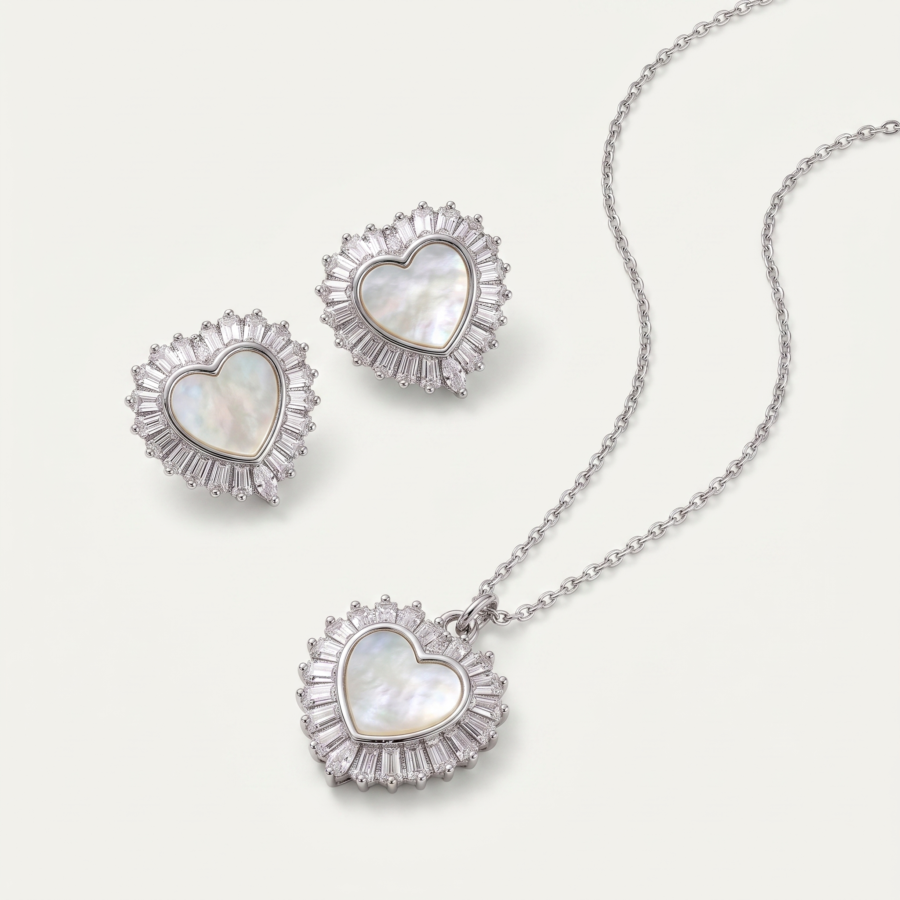925 Silver Mother of Pearl Heart Pendant Set