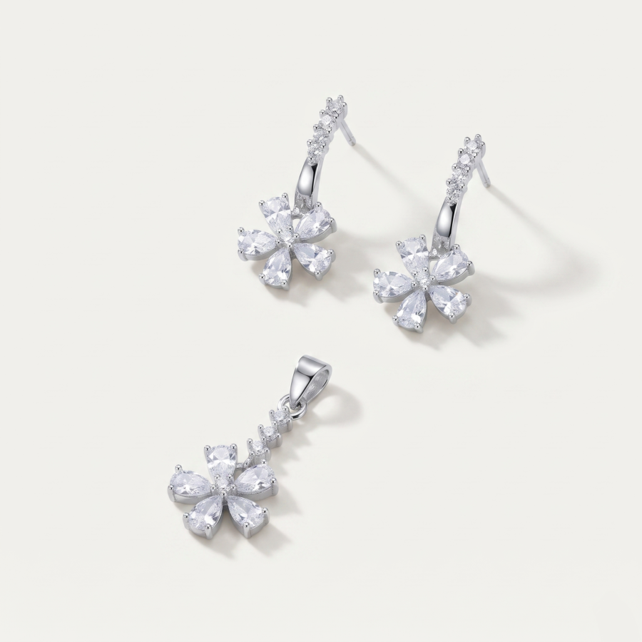 925 Silver Floral Pear CZ Pendant Set
