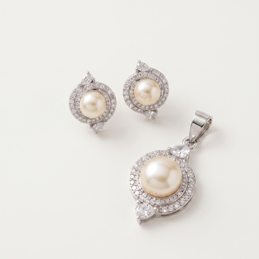 925 Silver Pearl Halo Pendant Set