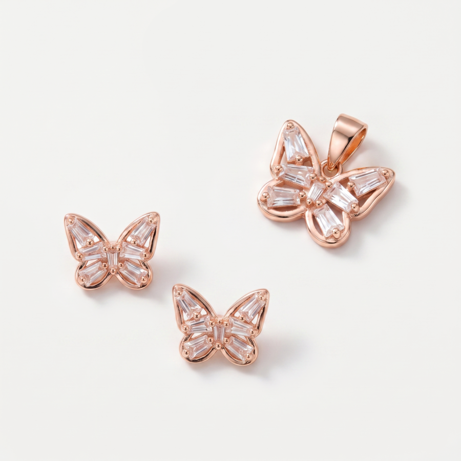 925 Silver Rose Butterfly Pendant Set