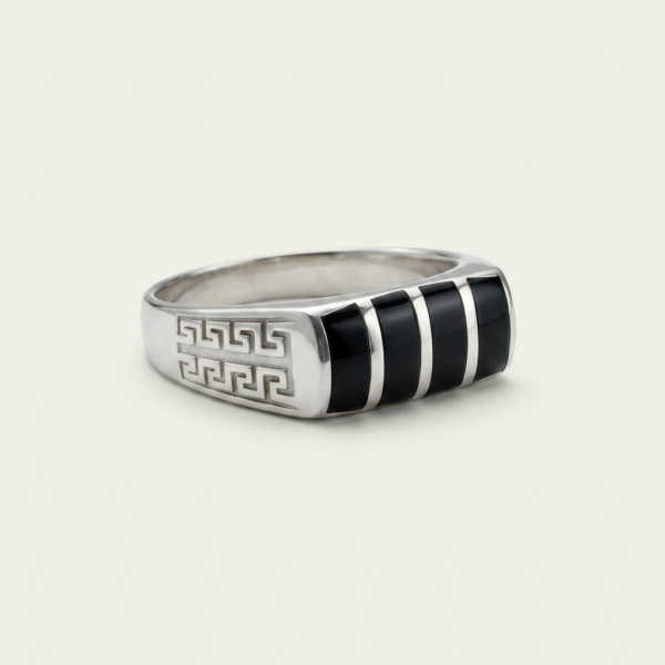 925 Silver Black Onyx Ridged Band Ring