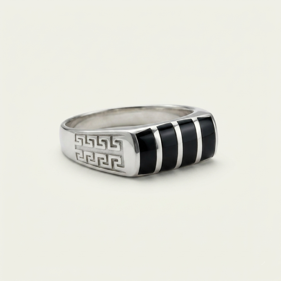 925 Silver Black Onyx Ridged Band Ring
