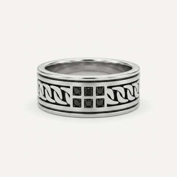 925 Silver Black CZ Beaded Wide Band Ring