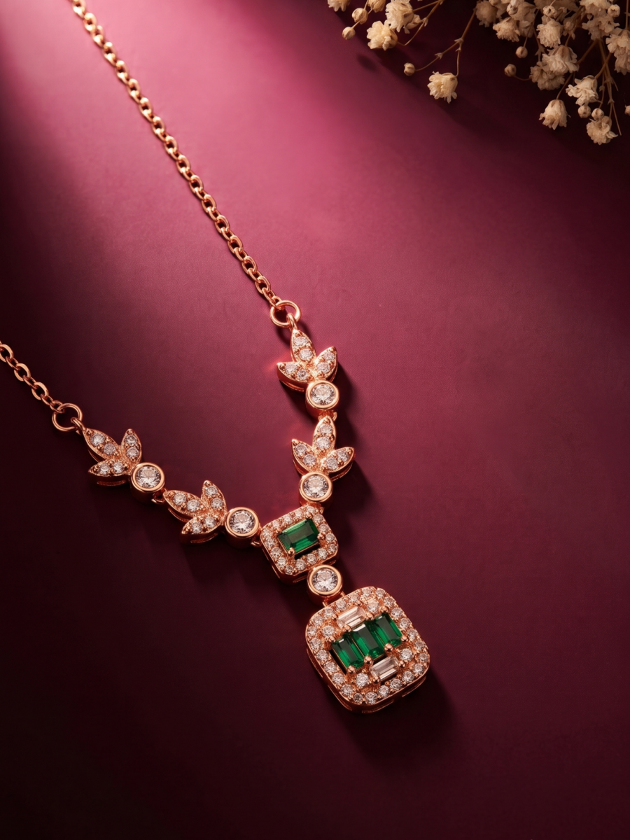 925 Silver Rose Gold Emerald Halo Pendant Set