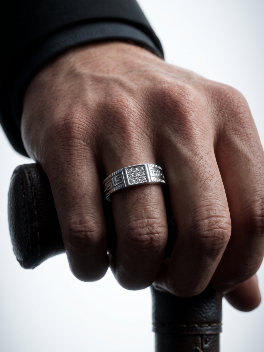 925 Silver Men's Greek Key Pave Signet Ring
