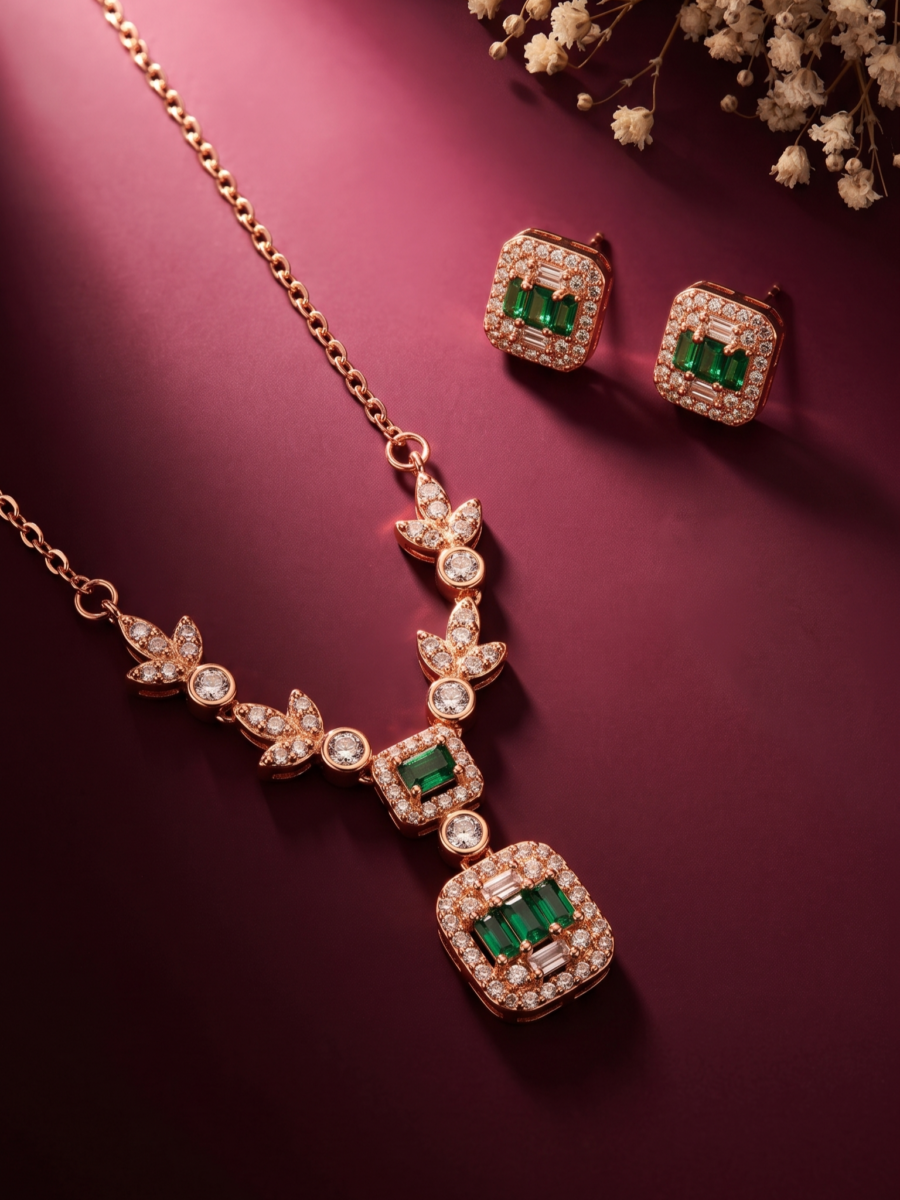 925 Silver Rose Gold Emerald Halo Pendant Set