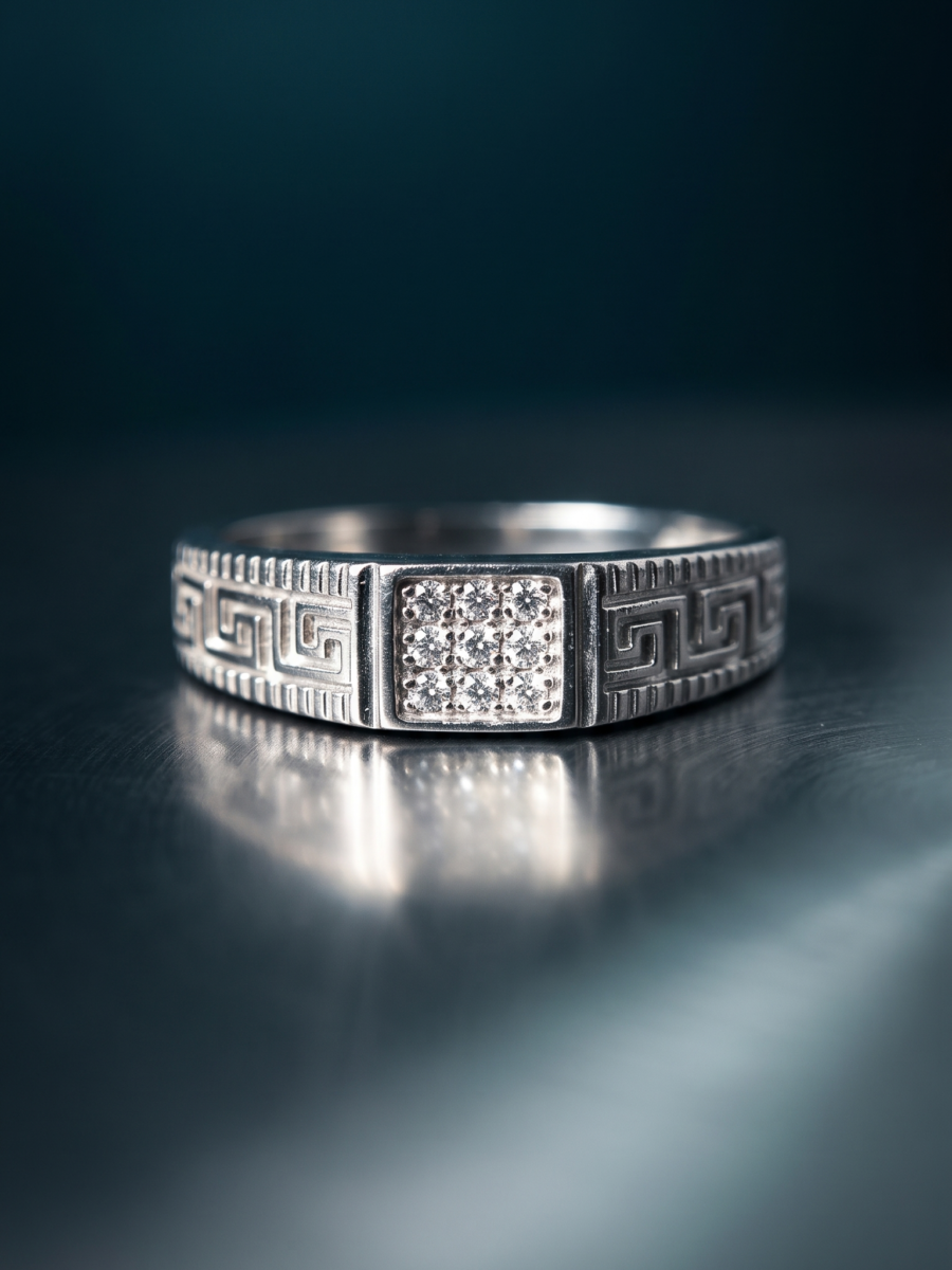 925 Silver Men's Greek Key Pave Signet Ring