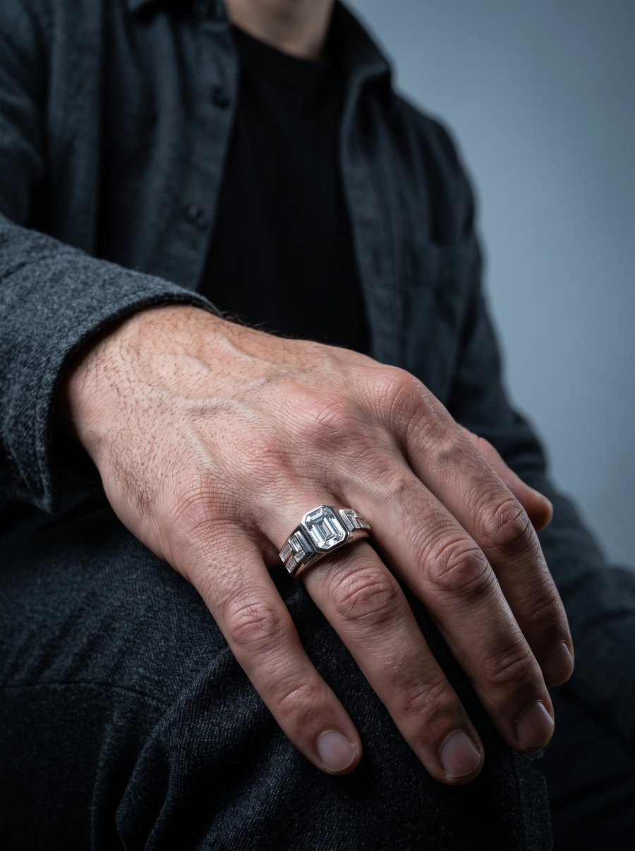 925 Silver Men's Emerald Baguette Statement Ring