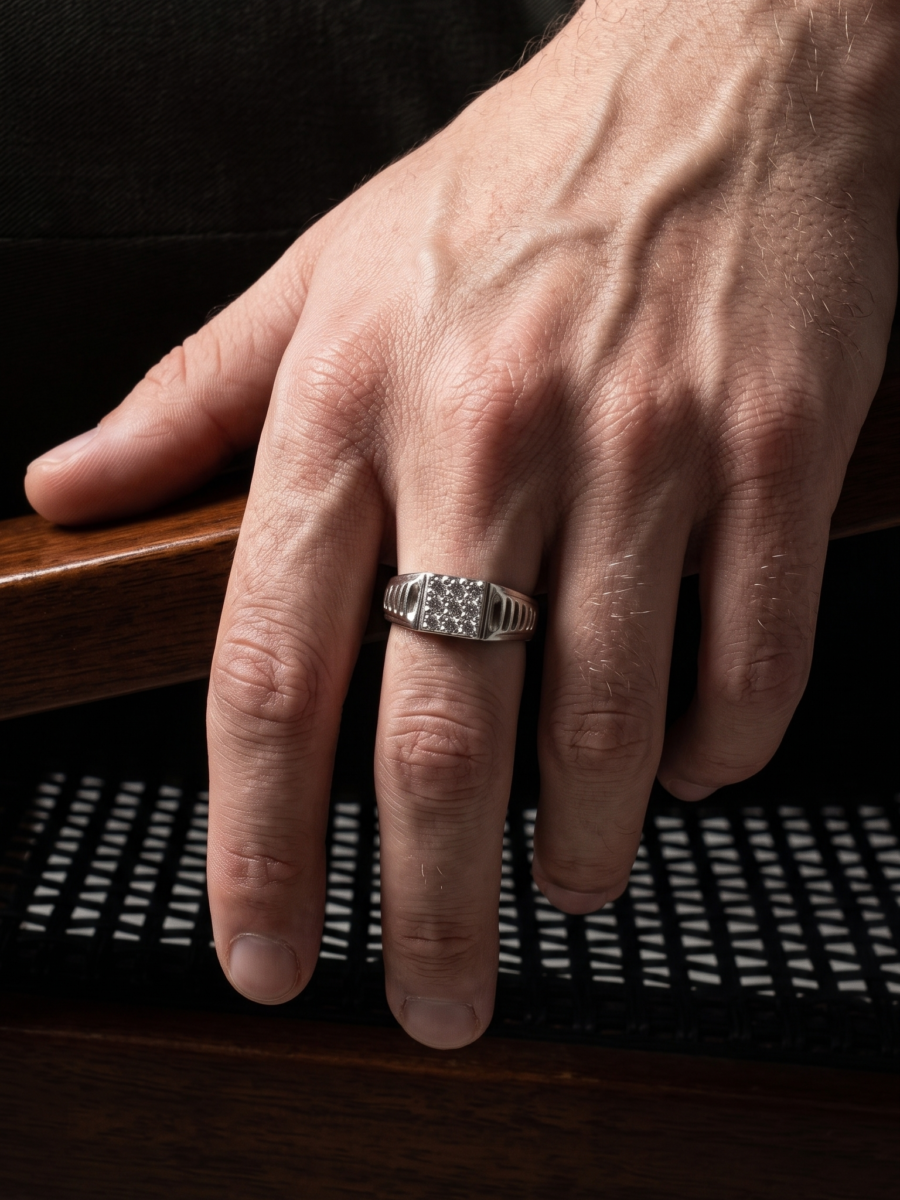 925 Silver Men's Fluted Pave Ring