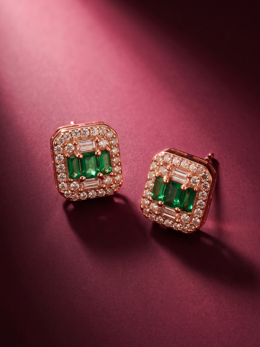 925 Silver Rose Gold Emerald Halo Pendant Set