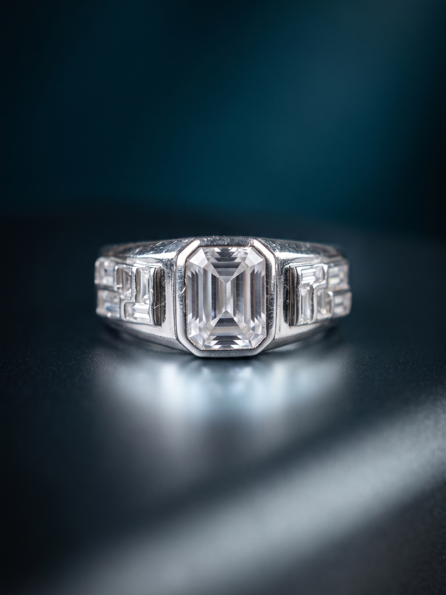 925 Silver Men's Emerald Baguette Statement Ring
