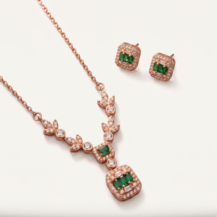 925 Silver Rose Gold Emerald Halo Pendant Set