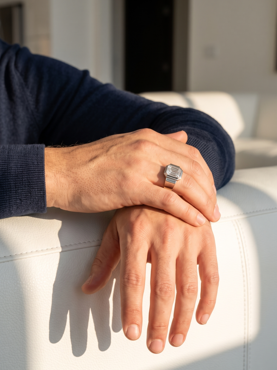 925 Silver Men's Deco Emerald Signet Ring