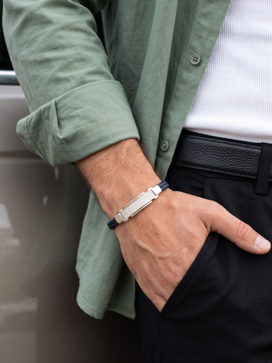 925 Silver Men's Braided Leather Bracelet